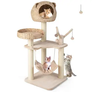 Giantex Wooden Cat Tree 48 Inch Cat Tower with Cattail Condo, Elevated Cat Bed, Hanging Hammock, Interactive Rotatable Ball Toys, Multi Platform Cat Furniture for Kittens and Adult Indoor Cats