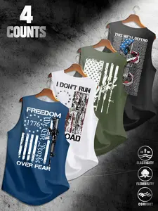American Flag Print Men's Sleeveless Vest Set of 4, Breathable Stretchy Fabric, Sporty Fitted, Comfortable Fashion for Daily Street Wear