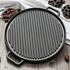 Cast iron thickened round grill pan double-sided grill pan Round outdoor grill pan cast iron grill pan cast iron pizza pan roast meat barbecue plate grill pan