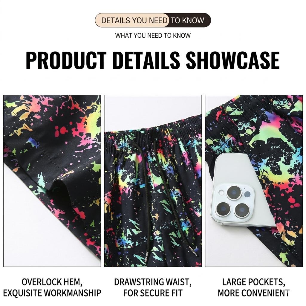 3-Pack Men’s Beach & Board Shorts, Graffiti, Abstract & Camo Prints, Elastic Drawstring Waist, Lightweight Fabric, Multi-Design Set, Ideal for Surfing, Beach Trips, Tropical Vacations, Pool Parties & All-Day Summer Fun