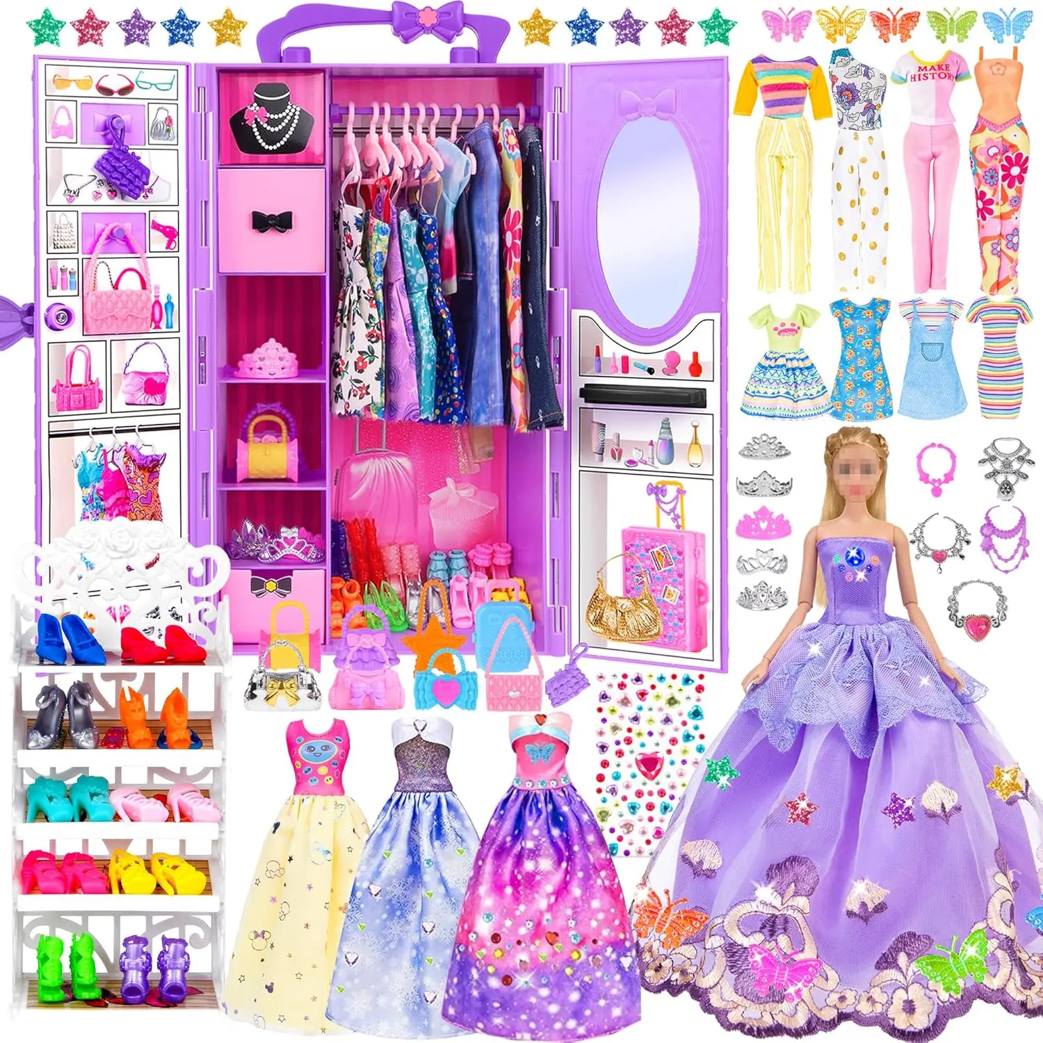 11.5in Fashion Doll Set (91pcs, Doll Included) - Princess Gowns, Fashion Dresses, Swimsuits, Shoes, Hangers, Closet - Dress Up Toys for Girls Toddlers