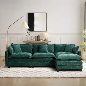 Modular Sectional Sofa with Movable Ottoman L Shaped Sectional Sofa with Cloud Cushions and Pillows for Living Room Apartment Office Oversized Chenille Fabric Sturdy Wood Frame