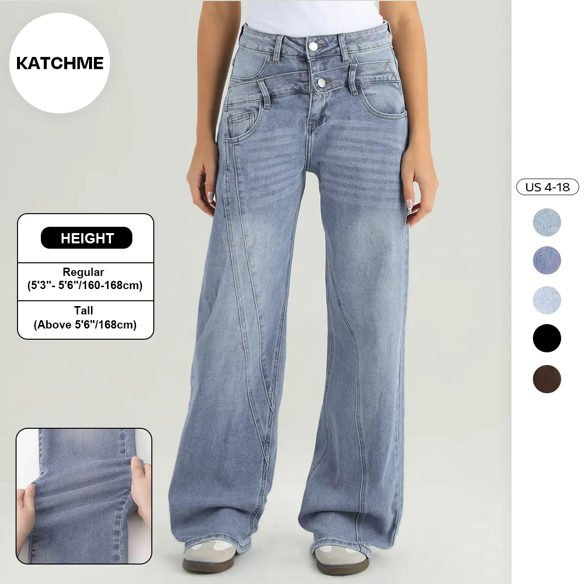 KatchMe Women's Vintage High Waist Patchwork Wide Leg Jeans, Soft Non-Shrinking Pants, Fake Two-Piece Durable Denim Trousers, Stretchy Baggy Wrinkle-Resistant Daily Outfits