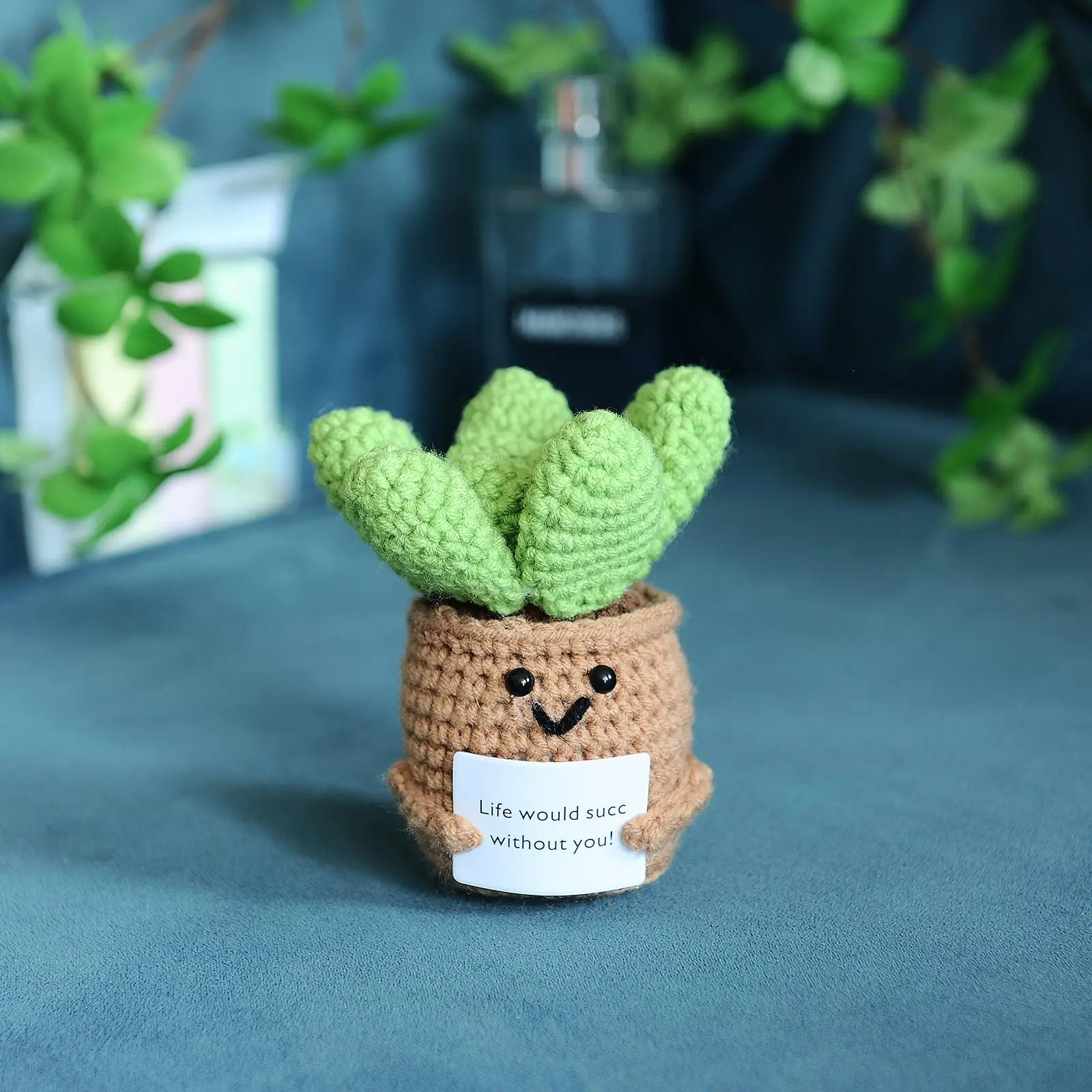 Cute Succulent Pot Design Crochet Decorations, Creative Mini Positive Potted Succulent Crochet Ornament, Home Decor for Living Room Bedroom Office, Ro