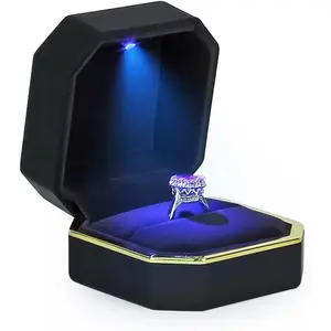 Luxury LED Ring Box, Square Velvet Ring Case Jewelry Gift Box with LED Light for Proposal Engagement Wedding Organiser