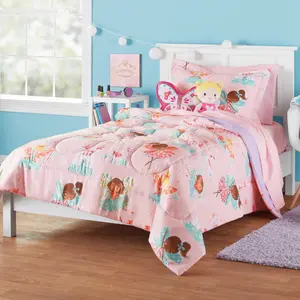 Pink Fairies Twin Bedding Set, Machine Wash, 5 Pieces, includes a reversible comforter, pillow sham(s), and pink sheet set