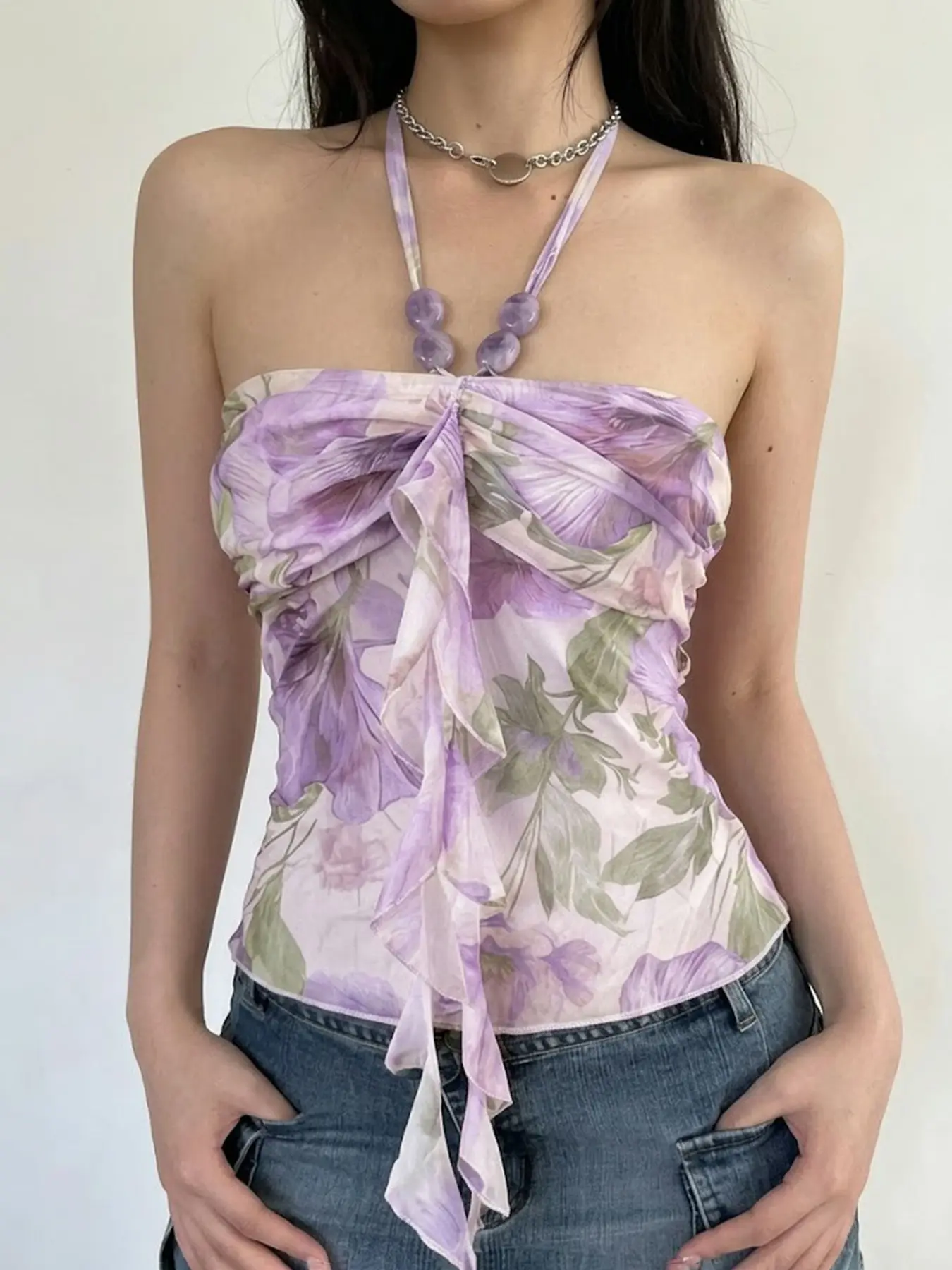 Summer New Colorful Print Ruffle Beaded Halter Top, Short Sleeveless Cami, Casual Chic Sleeveless, Floral Pattern, Keyhole Back, Casual Holiday Style, Casual Sleeveless Cropped