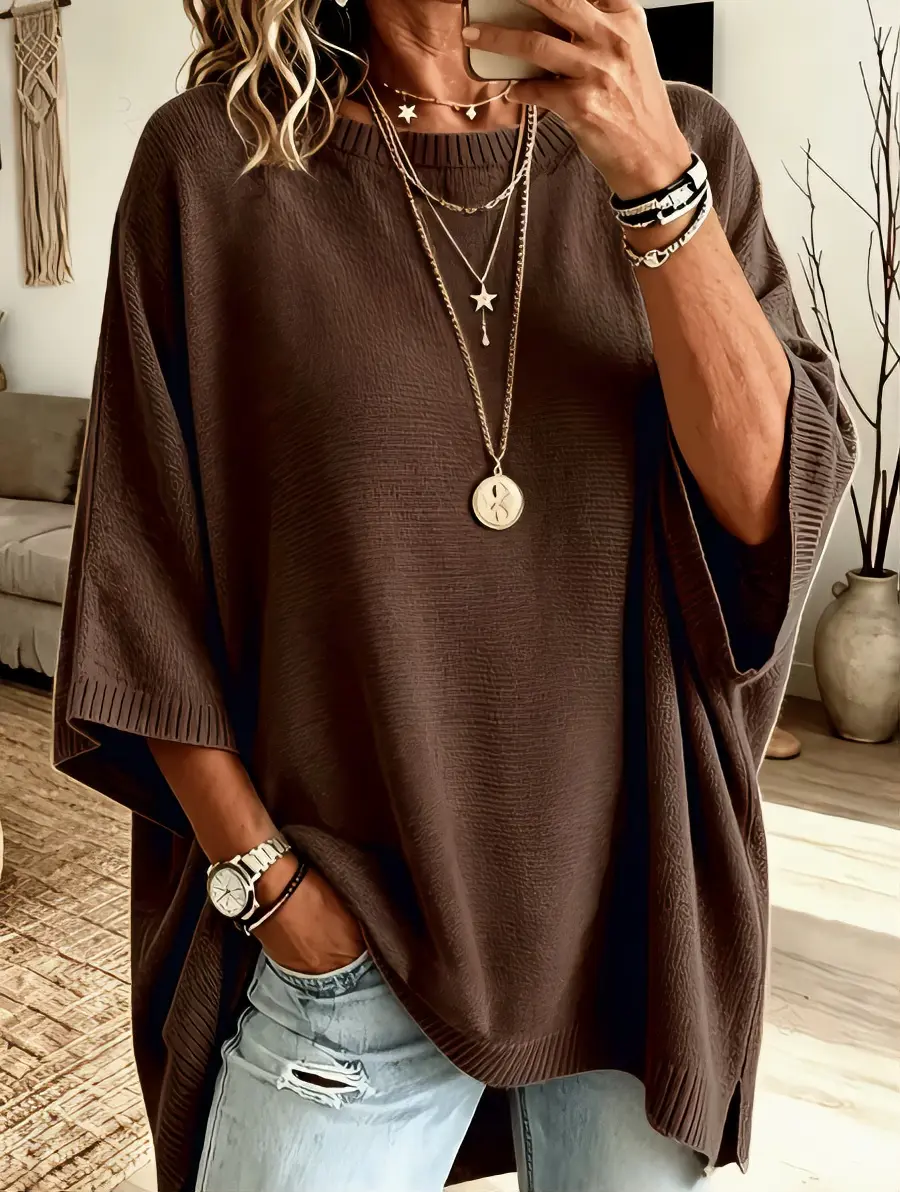 Women's spring and autumn elegant, casual, cute, sexy, Middle Eastern style, pure color round-neck bat-wing sleeve with slit hem, irregular loose-fitting, soft, warm shawl cape, knitted pullover, sweater top