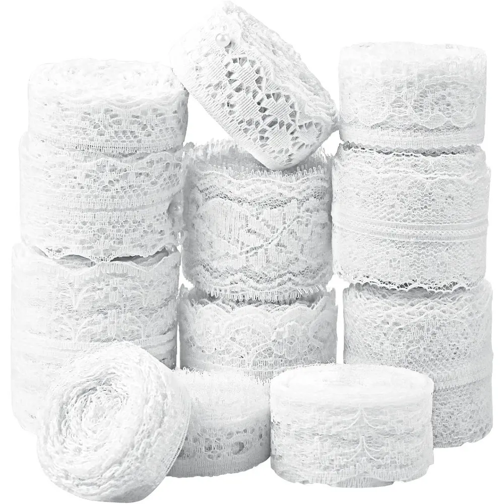 Vintage Floral Lace Ribbon Set - 12 Rolls, 60yd White Lace Trim with Assorted Crochet & Sewing Patterns for DIY Crafts, Gift Wrapping, Wedding Decor
