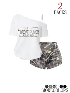 Women's Summer Y2K Style 2-Piece Set, Slouch Shoulder Tee with Vintage Metal Texture, Camo Shorts, Casual Streetwear, Womenswear