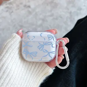 Blue Ribbon Dance Pattern Protective Case for AirPods 4/3/2/1/Pro/Pro2 Soft TPU Earphone Cover, Transparent with Keychain