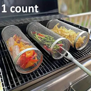 Outdoor BBQ Grill Basket, Stainless Steel Round Smoker, Portable Multi-Function Rotating Roller, Perfect for Grilling and Outdoor Cooking, Barbecue Accessories