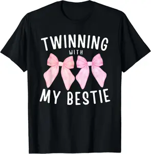 Premium model-Unisex-100% cotton-Pink Bow Twinning With My Bestie Twin Matching Twins Friends T-Shirt Casual Fabric