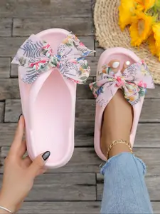 Women's Cute Floral Pattern Bowknot Design Slides, Casual Comfortable Home Slippers, Non-slip Slippers for Indoor & Outdoor Wear, Walking Shoes, Fashion Slippers