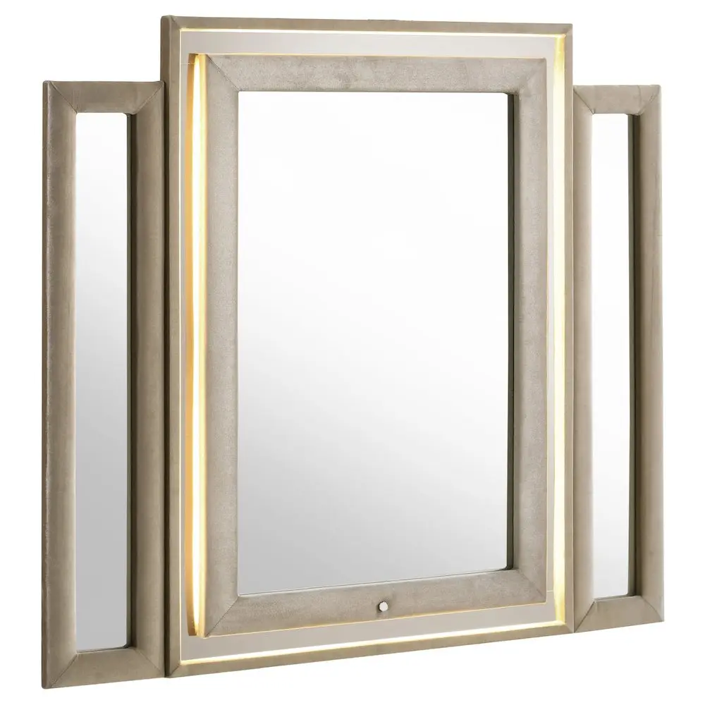 Lorient LED Dresser Mirror - Ivory & Camel Foam-Padded Velvet Wood Frame, Tri-Panel Large Center Mirror with LED Lights, Home Decor for Vanity Setup & Daily Routine (Boosts Radiance and Softness)