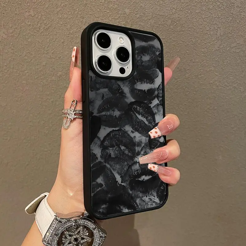 Magnetic Patterned TPU Phone Case for iPhone 11/12/13/14/14 Plus/15/16/17 Air/Pro/Pro Max - Multi-Model, Black Lip Prints Aesthetic, Shockproof, Lightweight, Girly, Scratch-Resistant Silicone Protection Accessory