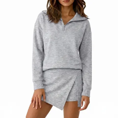 Fisoew Women's 2-Piece Casual Chic Set - French Terry Quarter-Zip Sweatshirt & Asymmetrical Skort, Matching Sets for Women
