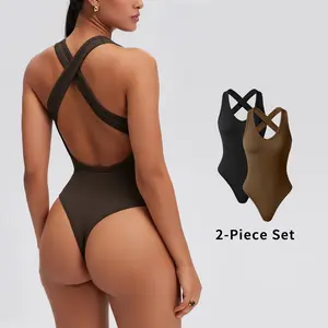 OQQfitness Women Solid Backless Racerback Tank Bodysuit #SummerVibes Cross-Strap Sleeveless Top Deep V Neck All Seasons, Cute Tops