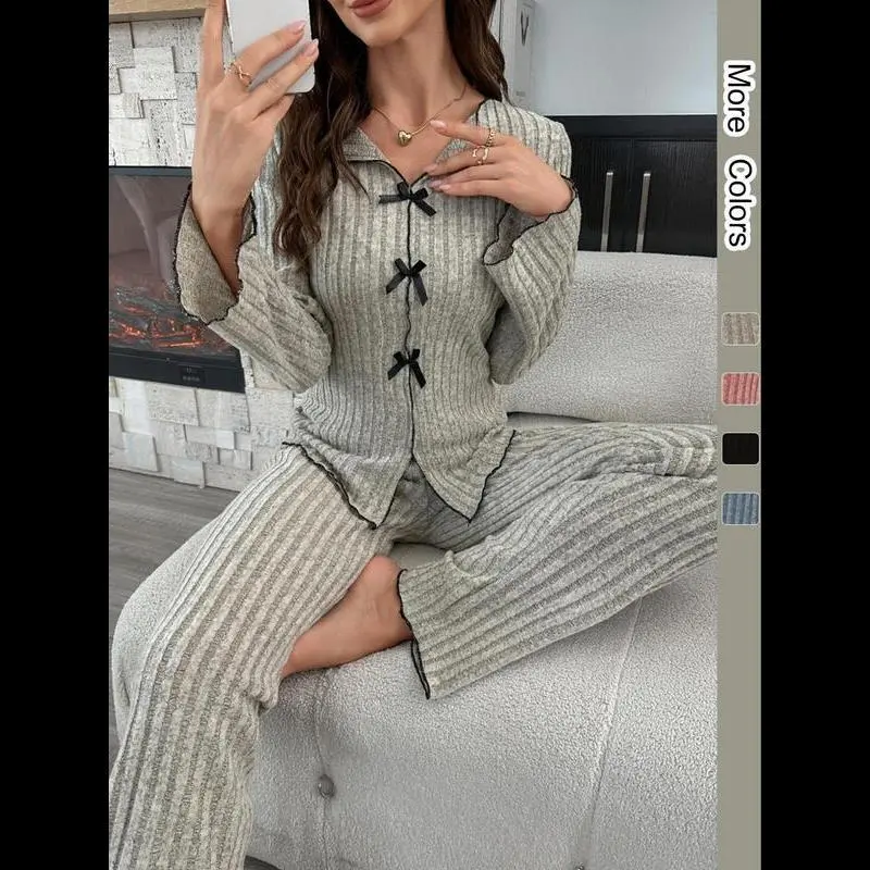New(New)Women's Contrast Binding ribbed Pajama Two-Piece Set, Long Sleeve Bow Decor Top &  Pants Pyjama Set, Casual Comfortable Loungewear Set for Women