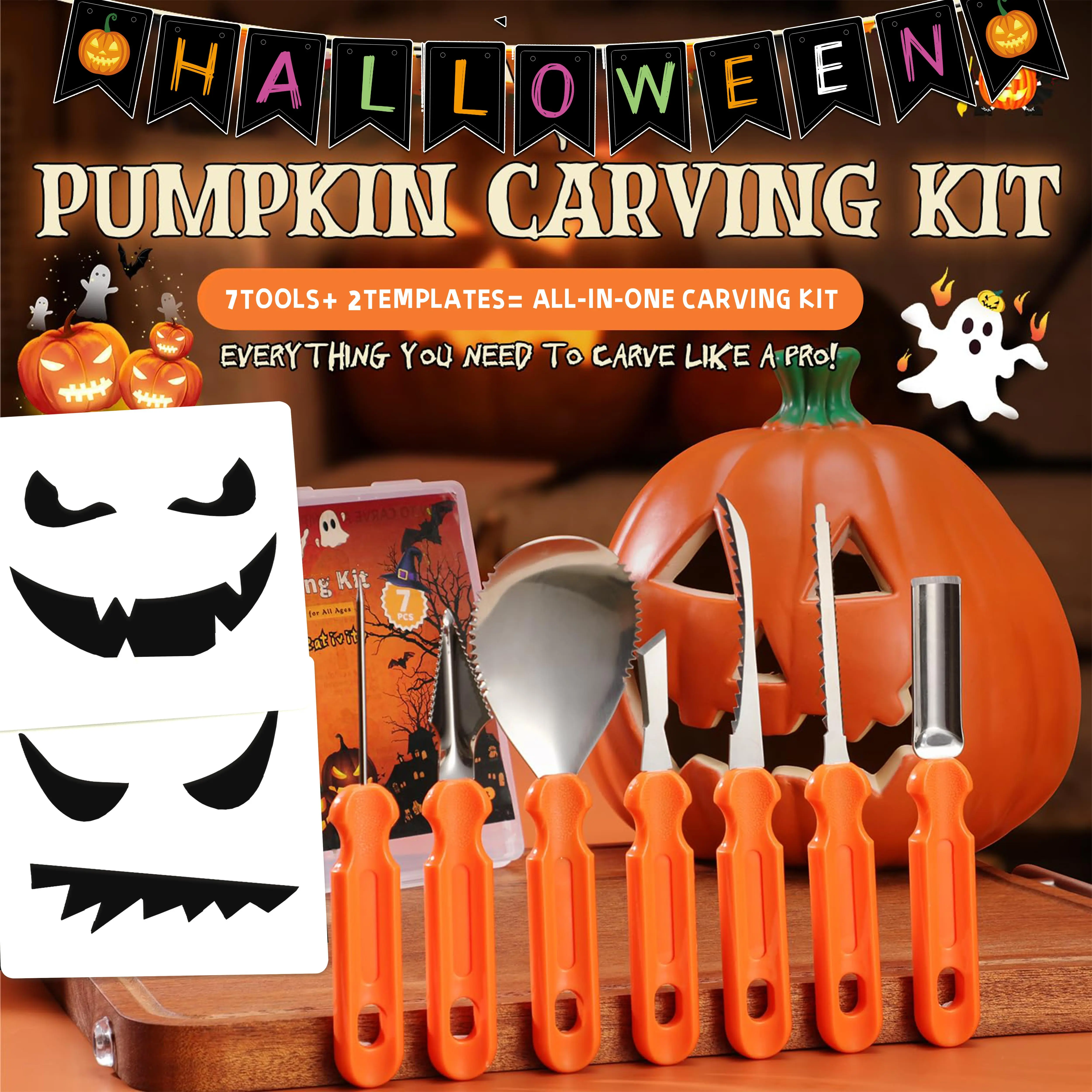 Halloween Pumpkin Carving Kit with 7 Safe Carving Tools, 2 Metal Pumpkin Stencils, LED Pumpkin Light, Bat & Ghost Paper Cutouts, 20 Trick or Treat Candy Bags, DIY Jack-O'-Lantern Kit for Kids & Family, Led Lights, Metal Tools, One Set,sohochic