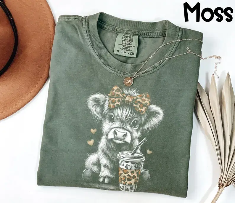 [Sale Up To 50%] Comfort Colors Highland Cow Shirt, Cute Cow Leopard Print Graphic Tee, Coffee Lover T-Shirt, Trendy Animal Graphic Top, Vintage Cow Shirt, Cute Gift for Her - Rock Rolla