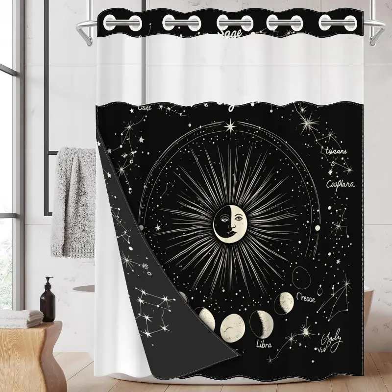 1pc hookless shower curtain with liner, star and moon constellation design 2D flat printing, fabric waterproof liner with peek-through window, double-layer, 71 x 74 inches, modern home decor, Celestial shower curtain