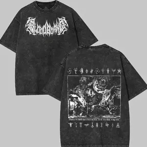 Bloodborne Washed Graphic Tee - Vintage Cotton T-Shirt for Game Fans, Casual Streetwear Menswear, Gamer Gift, Soulsborne Inspired Shirt men Classic Prints Seamless Smooth Top Tshirt Black Crewneck 824