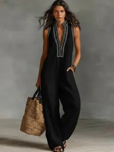 French Vacation Style Sleeveless Jumpsuit, Colorblock Trim Standing Collar, Casual Loose Fit Slimming Wide Leg Pants, Comfortable and Stylish, Polyester