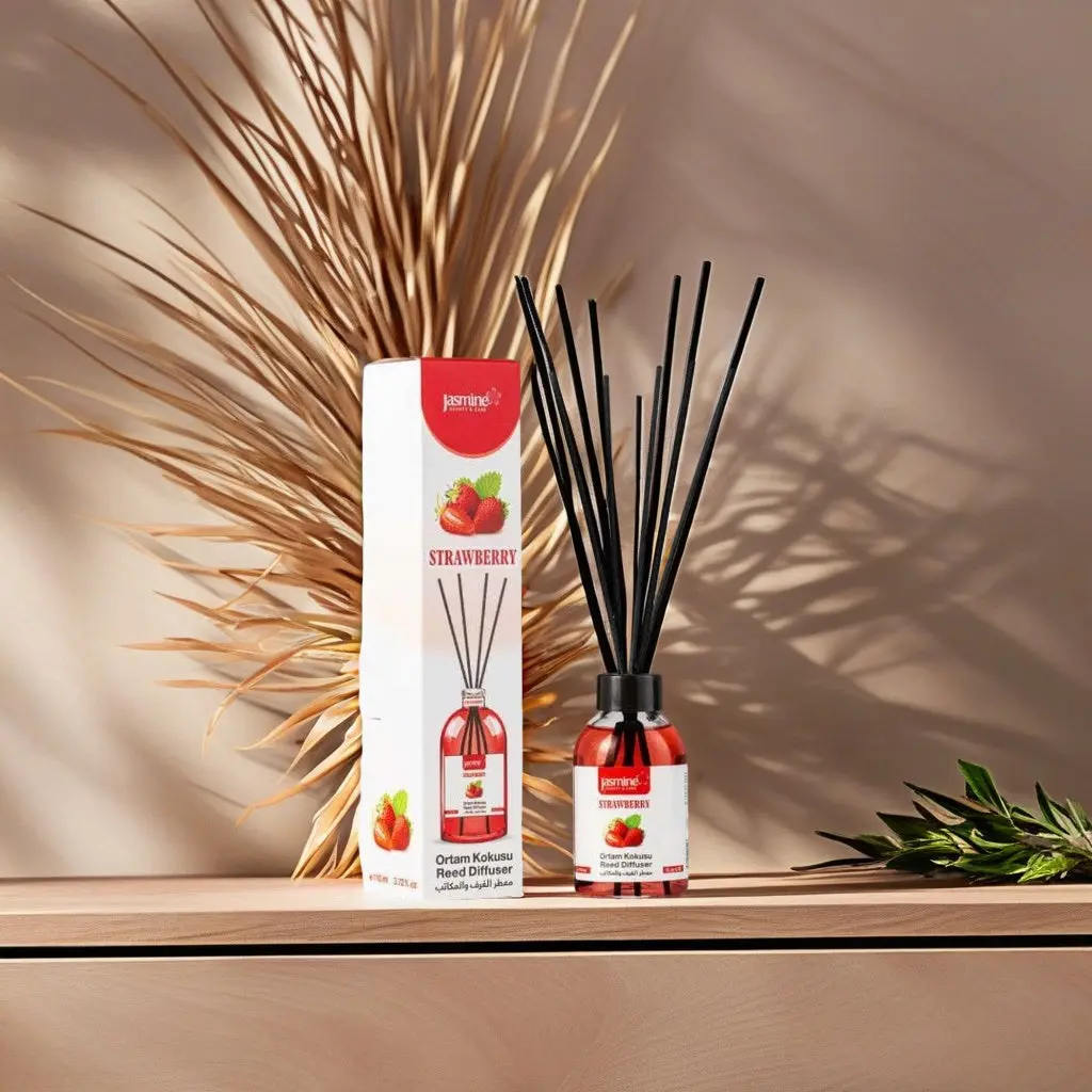Reed Diffuser -Strawberry From Jasmine Beauty & Care with various Scents Turkish Reed Diffuser Set with 4 Sticks - 3.72 Fl. Oz (110ml) for Home Office, Bathroom, Kitchen fragrance perfume oil incense stick
