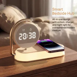 4-in-1 Wireless Charging Station - Fast Charger, Digital Alarm Clock, Adjustable LED Night Light for iPhone, Android Phones, Smartphones, Cellphones - Electronic Mobile Gadget, Ideal Father's Day Gift