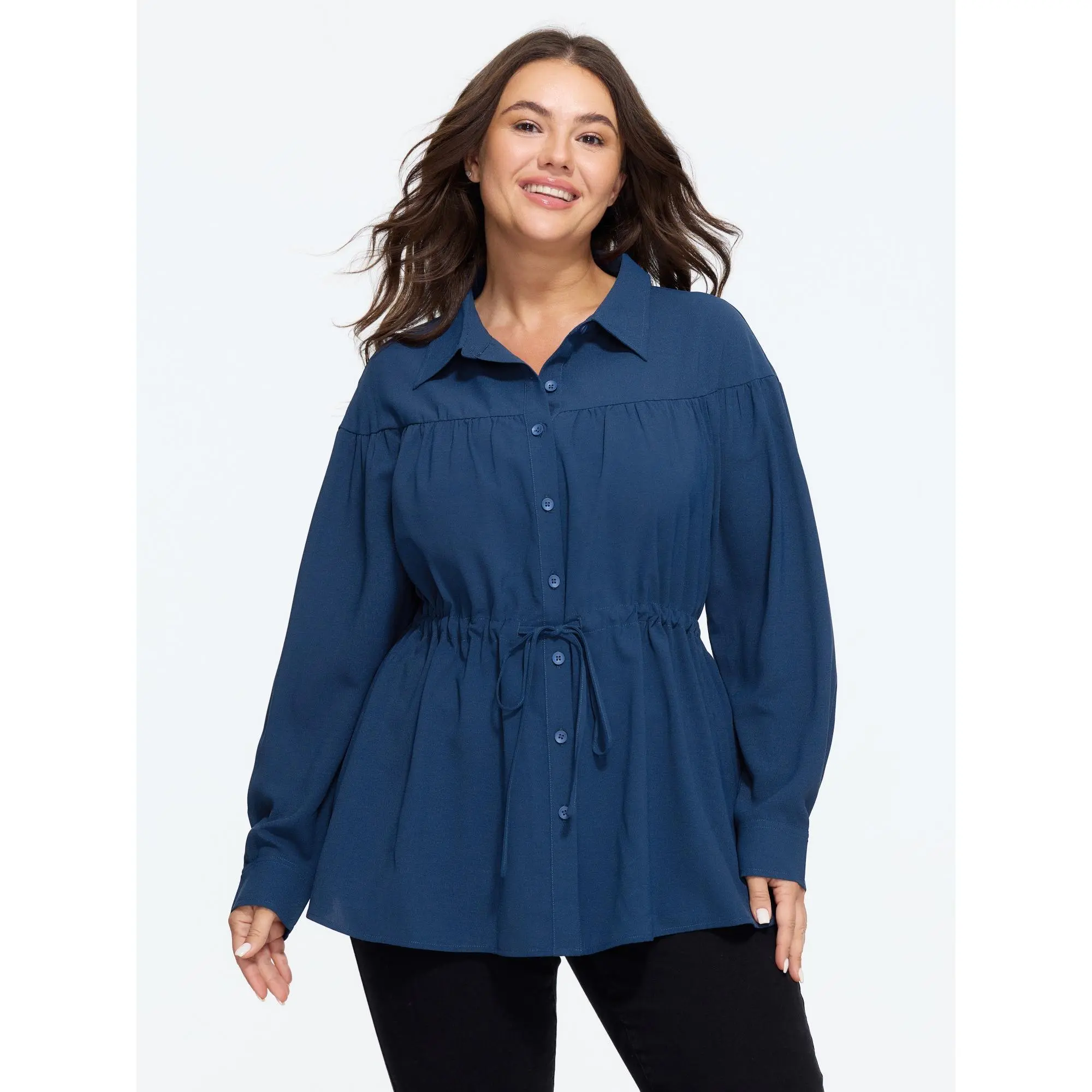 BloomChic Plus size，Drawstring Waist Button‑Down Long Sleeve Blouse[M-6X]Back To School,Fall Pick, Spotlight Day，SohoChic
