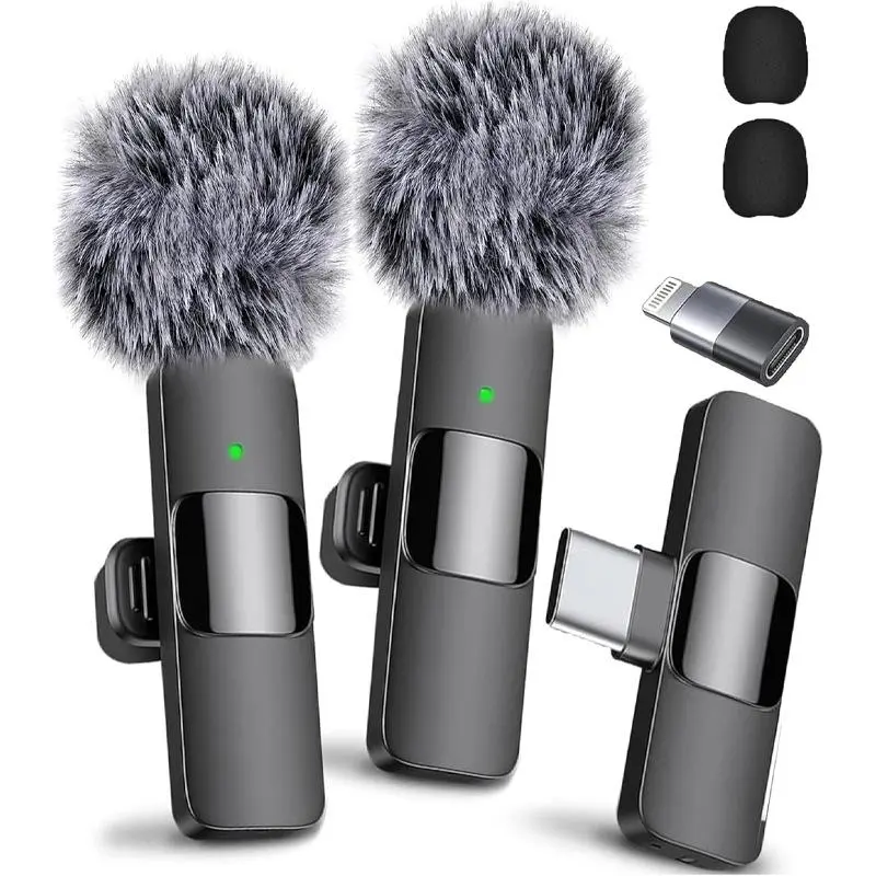 1-to-2 Wireless Lavalier Microphone, Noise Reduction Mini Clip-on Lapel Mic for Mobile Phone Live Streaming, Outdoor Video Recording