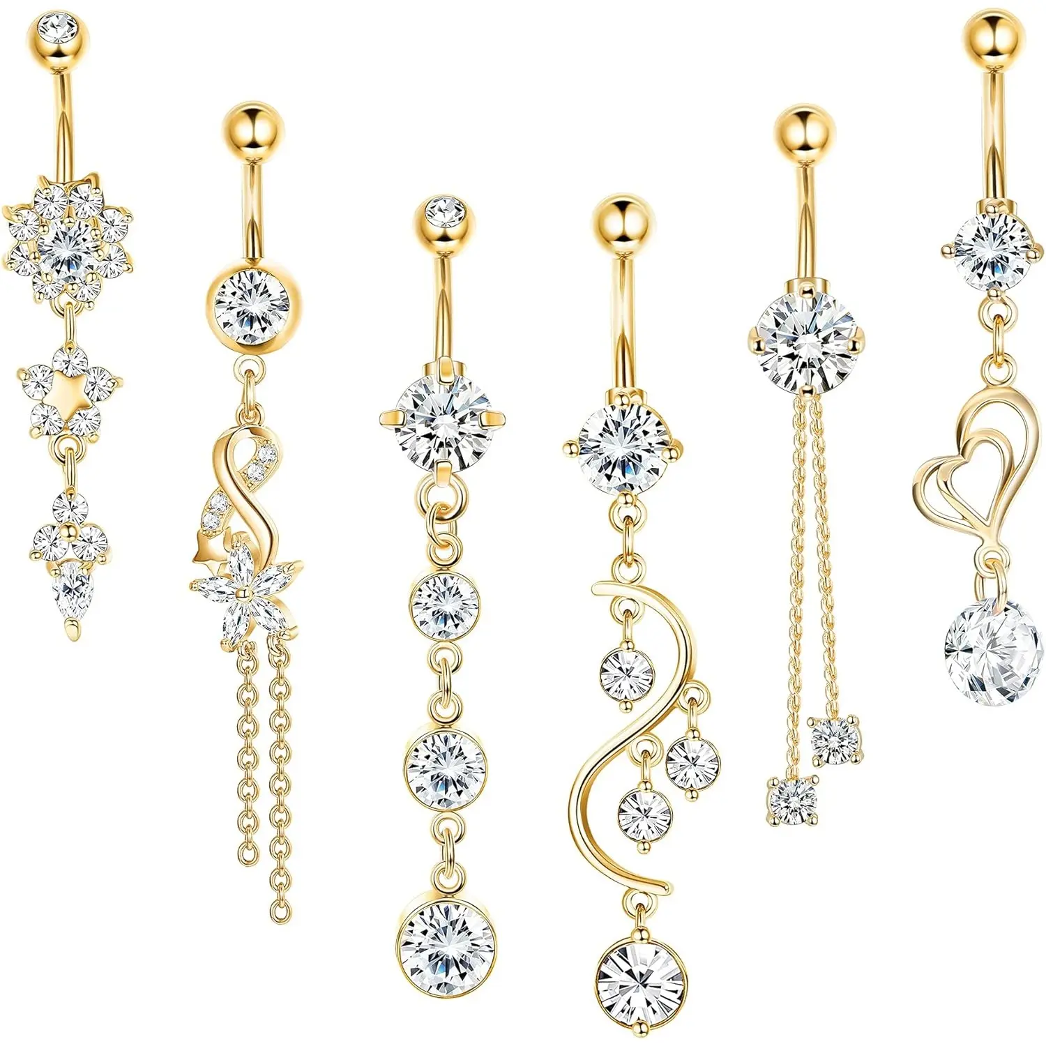 CASSIECA Women's 6-Piece Geometric Body Jewelry Set, 14G 10mm 316L Stainless Steel CZ Dangle Belly Button Bar for Belly Piercing, Dainty Piercing Jewelry