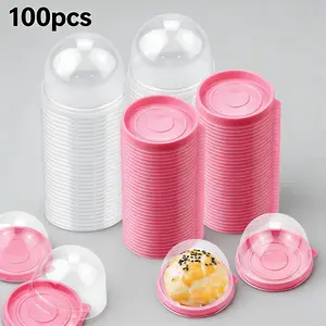 100 Set 2.75x2.75x2 inch Mini Cupcake Boxes Clear Plastic Muffin Pod Dome Single Container Box for Wedding Birthday Gifts Supplies Round Pink Food Grade Safe