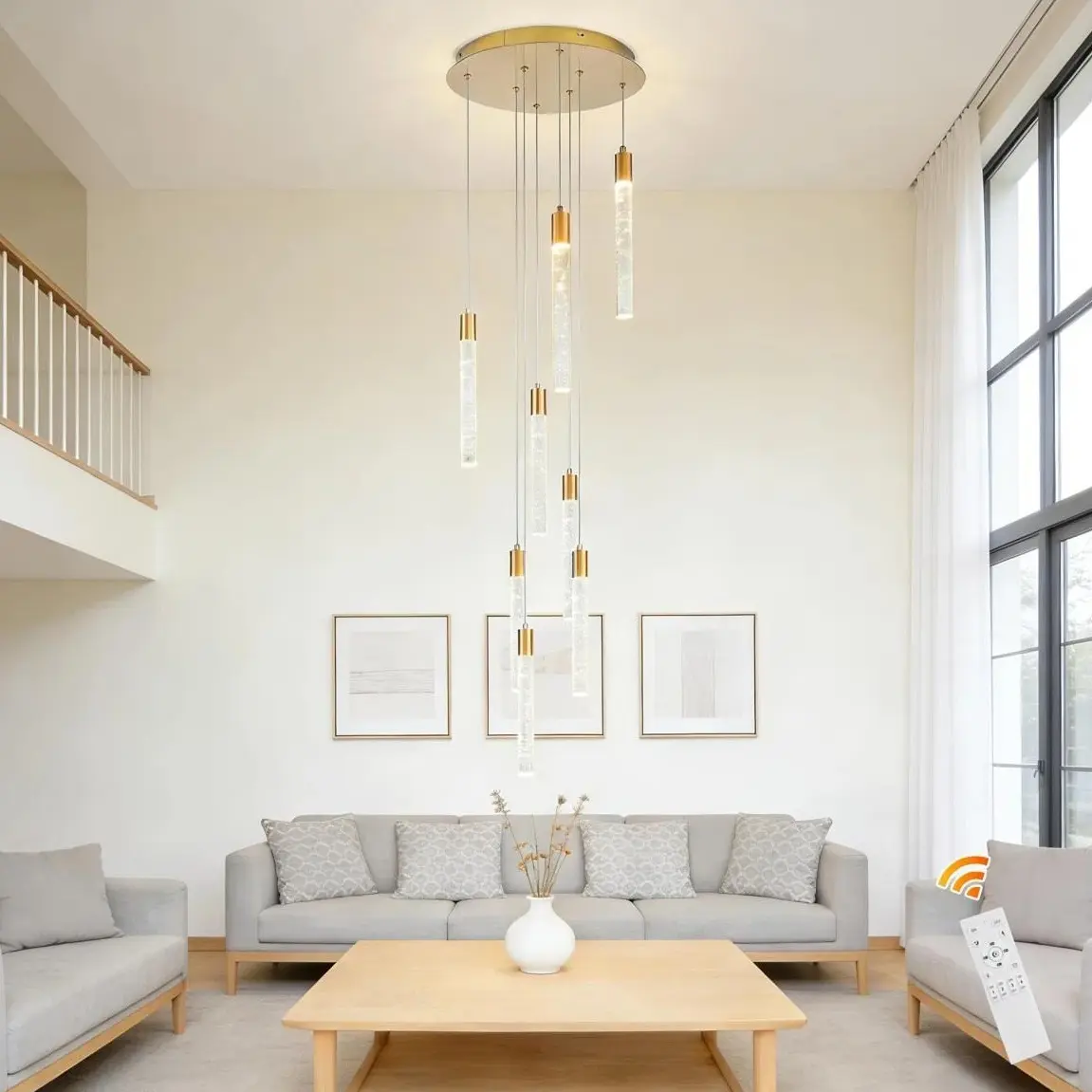 Garwarm Modern Dimmable 8-Light Gold Spiral LED Cluster Pendant Light Chandelier with Brightness Control for Stairwell, Living Room