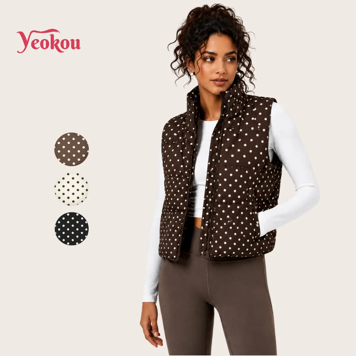 Yeokou Womens Polka Dots Puffer Vest Cropped Lightweight Fall Winter Outerwear | Lightweight Down Vest,Packable & Windproof,Stand Collar, Zip & Pockets,Ideal Layering Piece For Daily Or Outdoors,Y2k