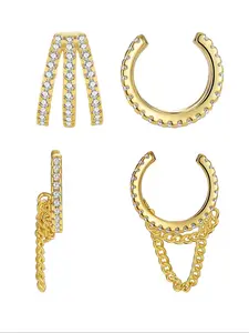 Elegant Zircon Decorated Earrings Set, 4 Counts C Shaped Ear Cuff, Exquisite Trendy Chain Decor Earrings, Chic Gorgeous Copper Jewelry As Birthday Gift for Girlfriend