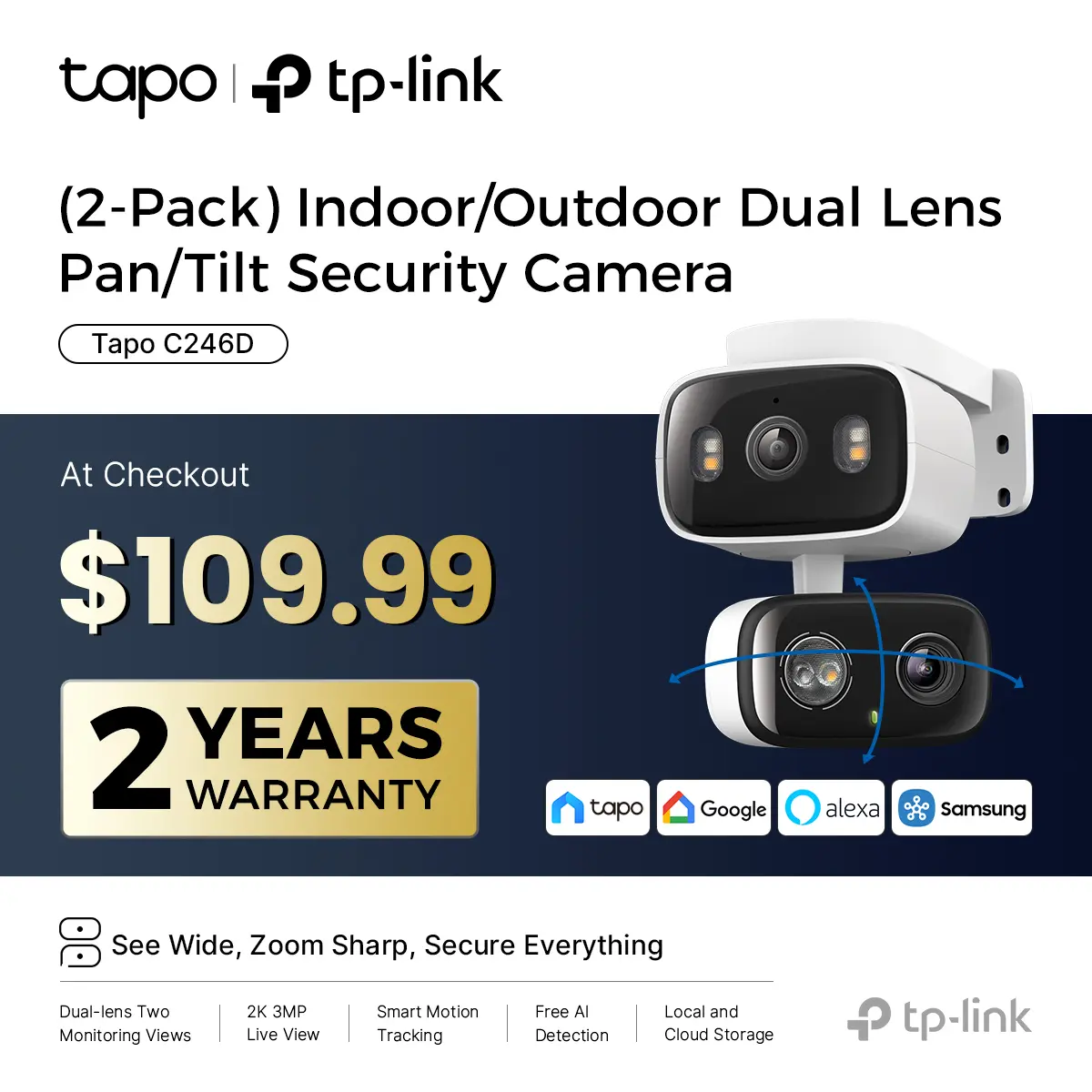 TP-Link & Tapo C246D(2-Pack) 2K 3MP Dual Lens Pan/Tilt Indoor/Outdoor Security Cameras with AI Detection, 360° Pan, Free Person/Vehicle Detection, SD/Cloud Storage, Works with Alexa & Google Home  #SummerWins #DealsForYouDays