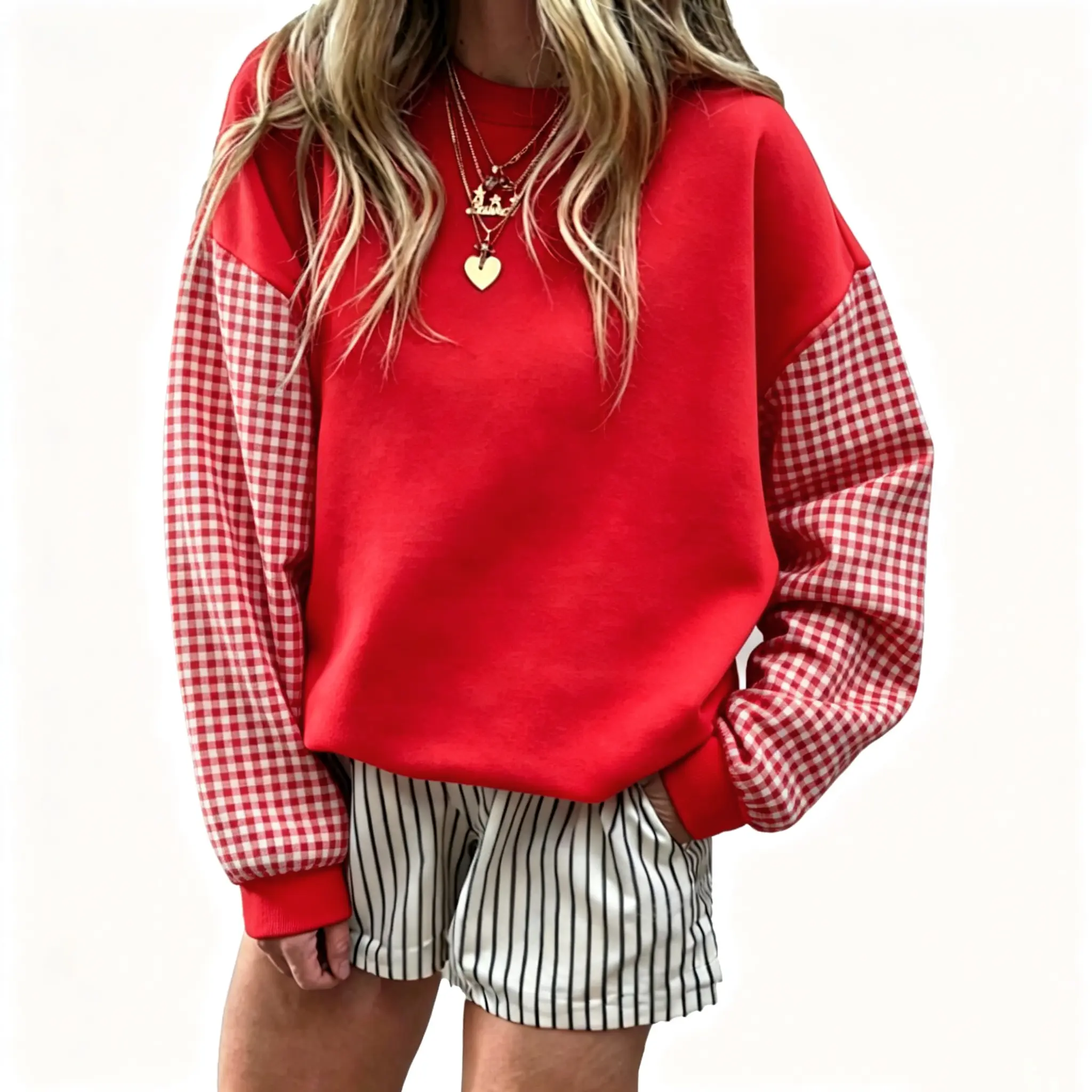 Women Oversized Sweatshirt Crewneck Plaid Drop Shoulder Long Sleeve Color Block Pullover Tops