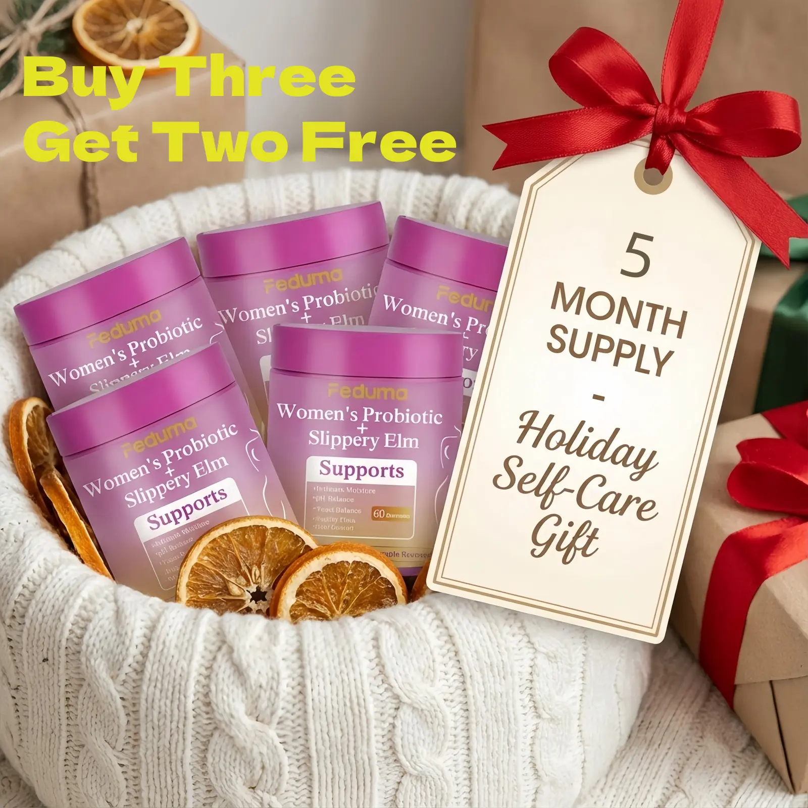 【BUY THREE,GET TWO FREE】Feduma Her Juicy Feminine Probiotics Gummies- All in One Solution with Slippery Elm and Prebiotics&Lactobacillus Probiotic Blend for Women’s pH Balance and Dryness - Hawaiian Pineapple Gummies 120 Count