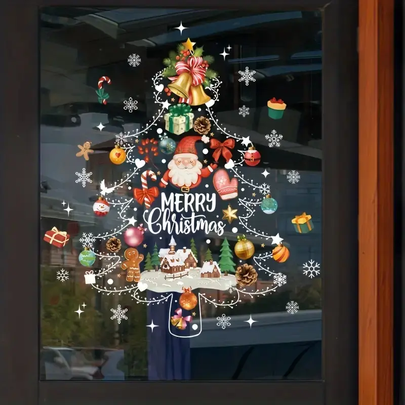 Reusable Self-Adhesive Christmas Window Stickers, Colorful Cartoon Santa Snowflake Gingerbread Candy Cane Design, PVC Static Cling Decorations