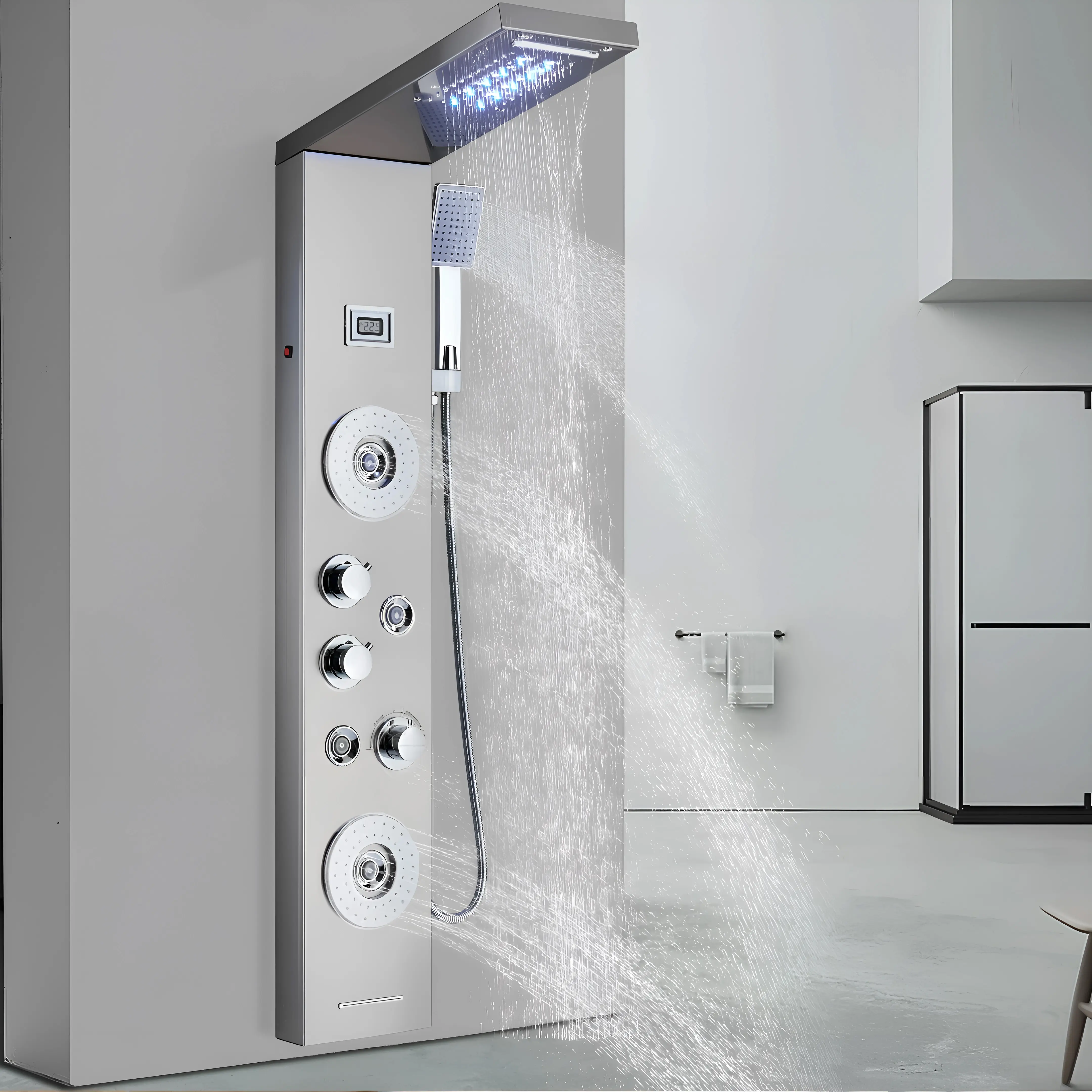 LED Bath Shower Faucet Temperature Digital Display Bathtub Tap Shower Panel Body Massage System Jets Tower Shower Rain Showerhead