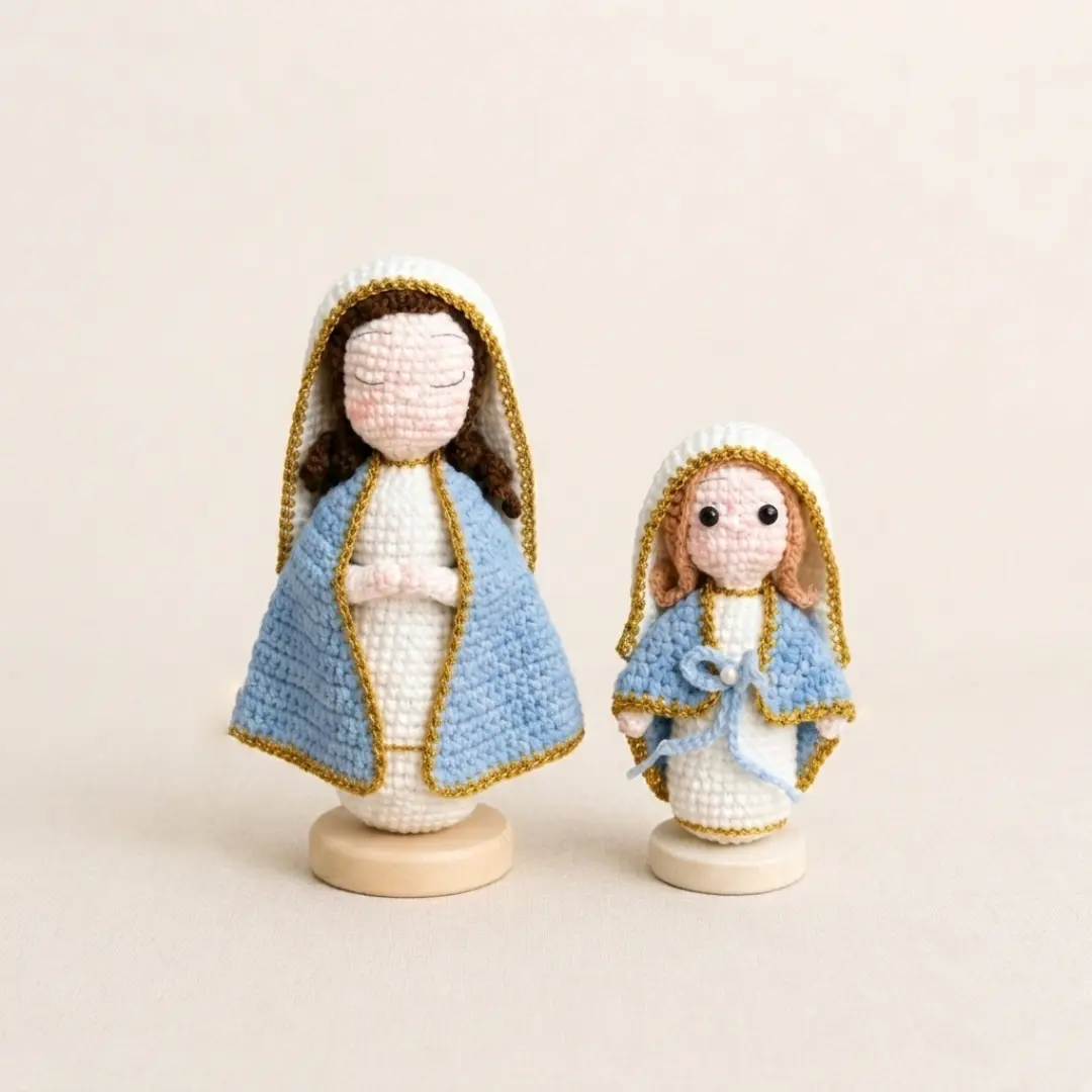 Handmade Crochet Virgin Mary Figurine with Wooden Base