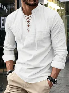 Men's All-Season Fashion Versatile Comfortable Polo Shirt, Linen Fabric Long Sleeve Stand Collar Tie Top, Casual Fitted Gift Item