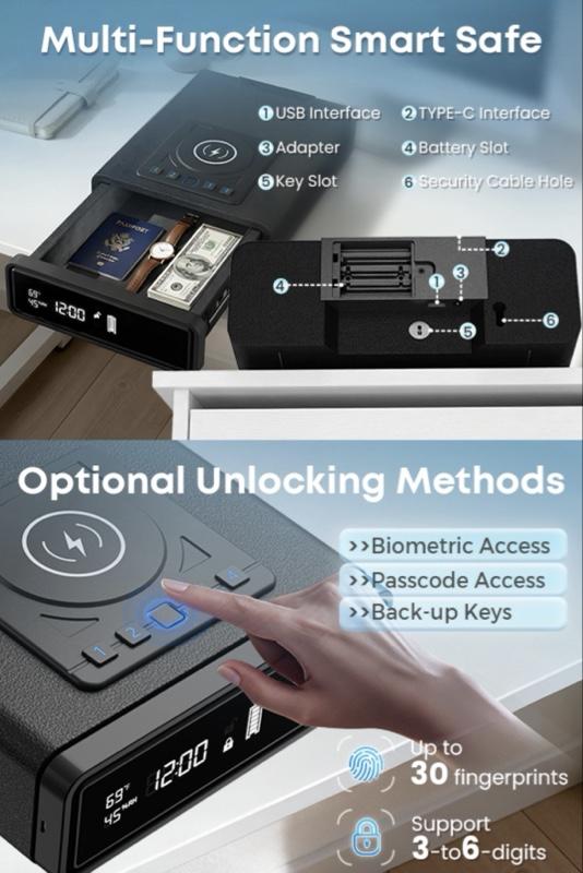 Smart Safe 3 Quick Access with Alarm Clock Heavy Duty Anti-Theft Money Box for Home Security Bedside Drawer Safe for Table Closet