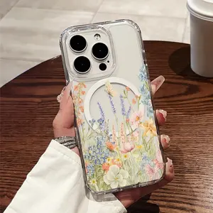 1pc Watercolor Butterfly and Vibrant Floral Pattern Magnetic Phone Case, supports wireless charging, provides drop protection, and features magnetic adsorption. Compatible with iPhone 11/17 Pro Max, Samsung Galaxy S25/S24/S23 Ultra. Valentine's Day Gift.