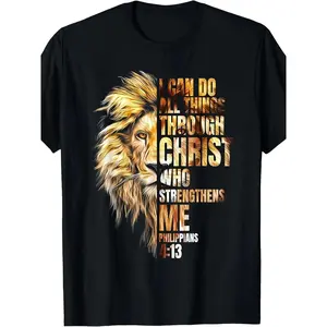 Men's Graphic T-shirt with Christian Lion Faith Print, Casual Round Neck Short Sleeve Streetwear for Summer & Workouts