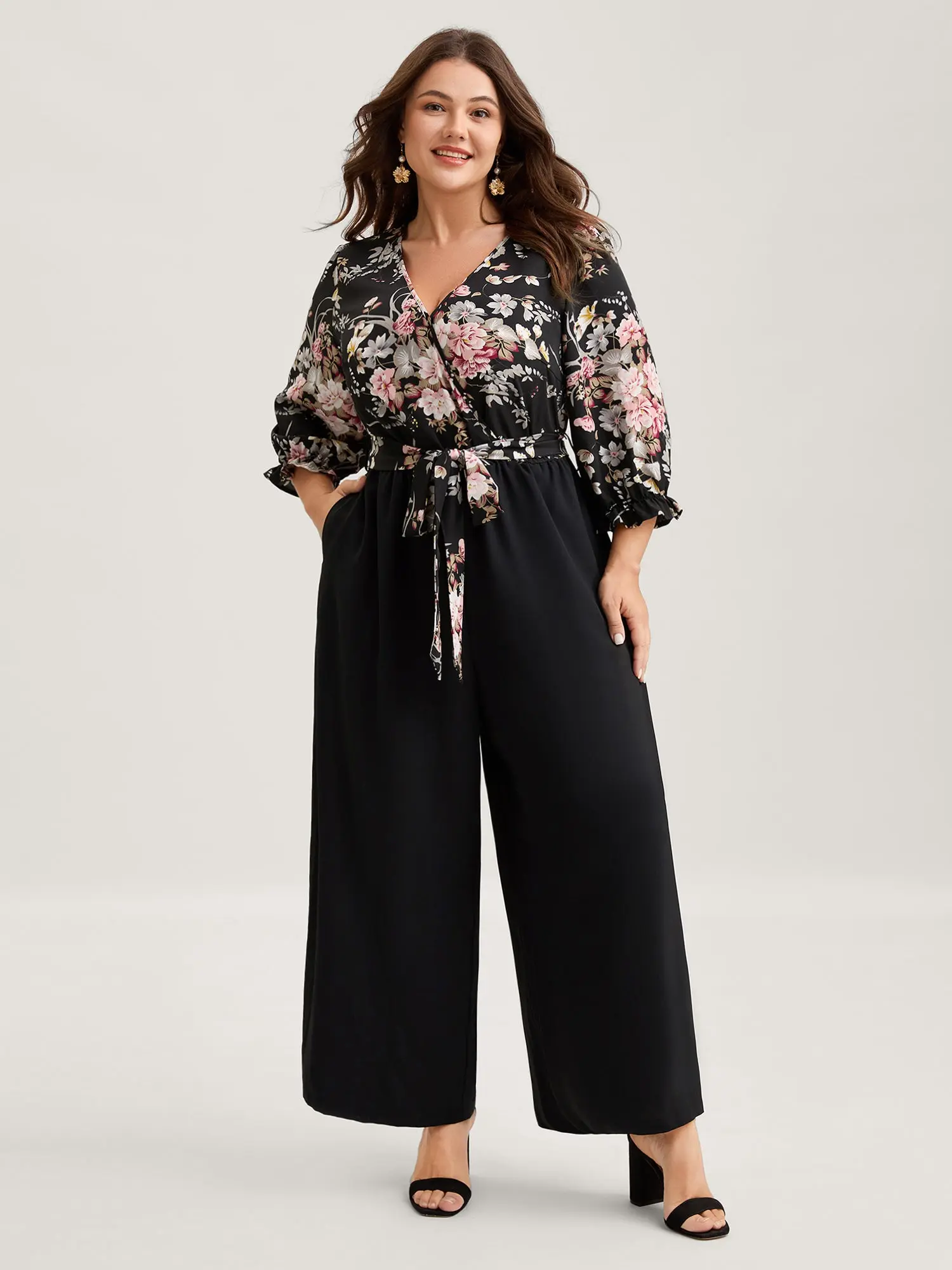 BLOOMCHICPlus Size Viral Floral Jumpsuit | Effortless One Piece Outfit,Belted Wide Leg Summer Look,Try-On Haul Favorite - Contrast Belted Wide-Leg Overalls Sleeve Pocket Fit Casual Summer 2026 Clothes [M-6X],Summerfinds