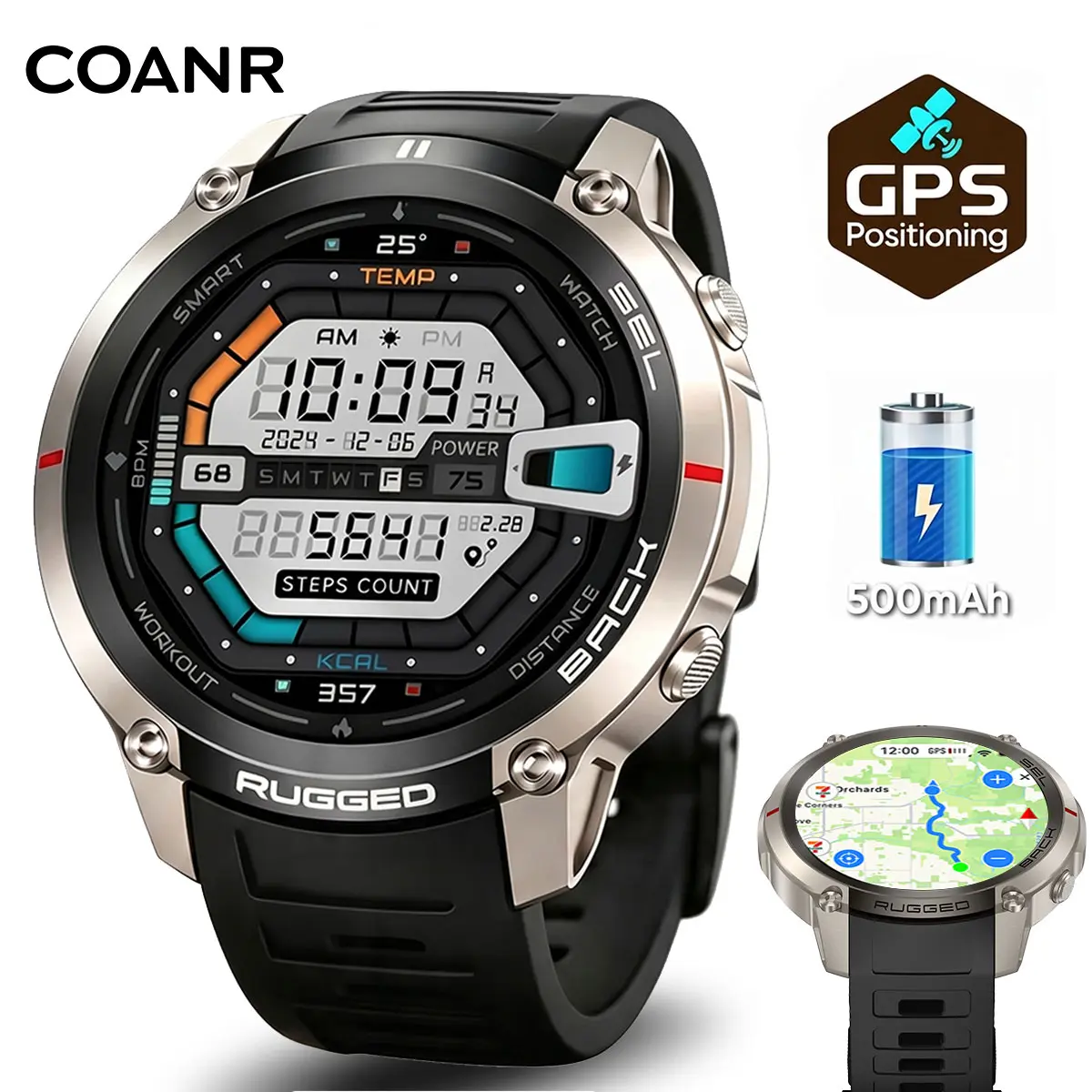 COANR Active 5 Pro smartwatch, global offline map and 6 satellite positioning, wireless call and mobile phone synchronization, 5ATM water resistance, 1.43-inch AMOLED display, men's outdoor rugged smartwatch, can connect iPhone and Android phones black, W