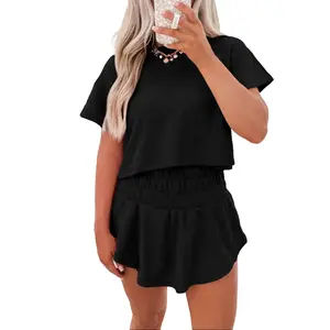 Women's 2-Piece Plain Black Cropped Tee & Ruffle High-Waist Skort Set - Casual Polyester-Cotton-Elastane Outfit for Day Out, Date - Chic Everyday Womenswear Clothing Set